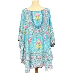 Tolani Collection Boho Tunic Blouse LP Blue Pink Floral Modal Peasant Top